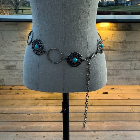 Vintage 90s Southwestern Western Boho Chic Concho Chain Waist Hip Belt - Picture 1 of 13